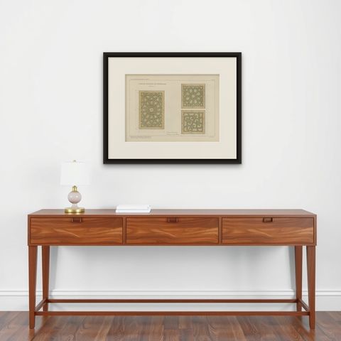 Antique Ottoman Geometric Door Panels Print, Islamic Woodwork Designs, 1924, shown framed on a wall, true to size