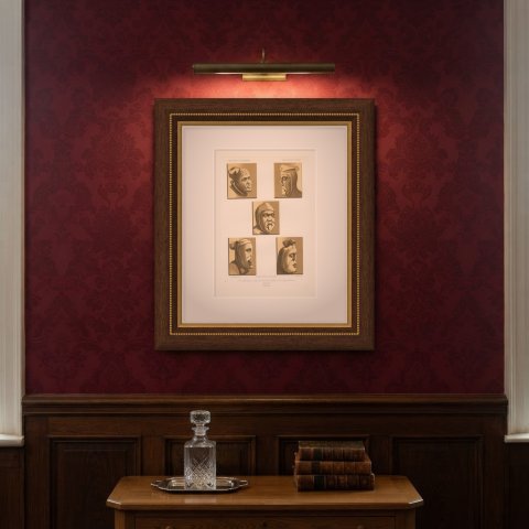 Carved Stall Heads at Vitteaux, Côte d'Or, Antique Print, 1851, shown framed on a wall, true to size