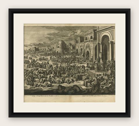 Antique Bible Print Joseph Selling Grain to His Brothers by J. Luyken, 1743, shown framed