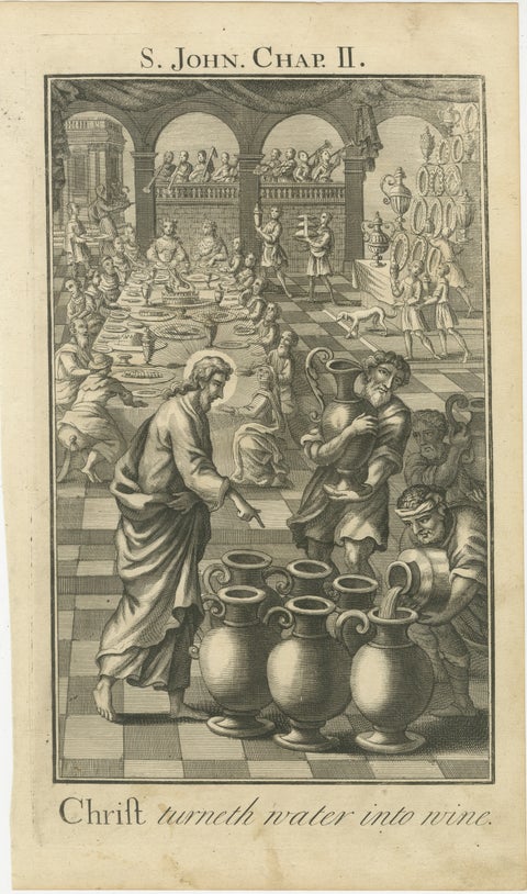 Christ Turns Water into Wine Engraving, John II Wedding at Cana c.1735, view 2