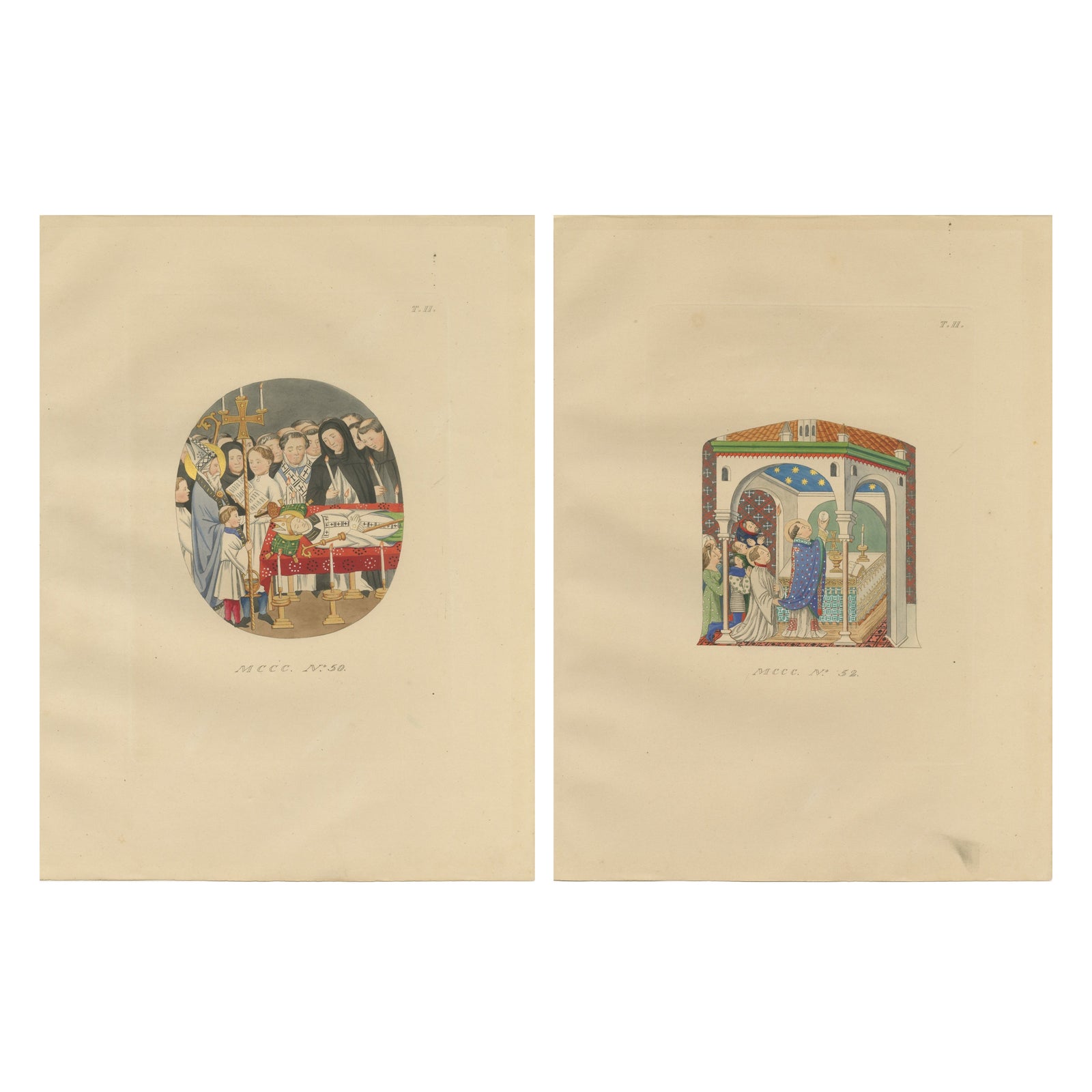 Medieval Catholic Rituals, Funeral & Mass, Hand-Colored Lithographs, 1860