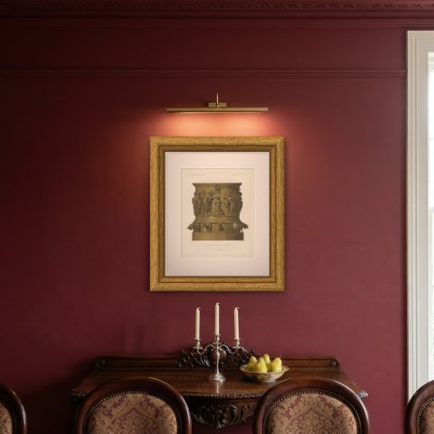Baptismal Font at Liège, Antique Chromolithograph, Lacroix, 1851, shown framed on a wall, true to size