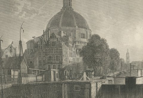 Singel and Round Lutheran Church, Amsterdam, Antique Steel Engraving, c. 1835, close-up 1