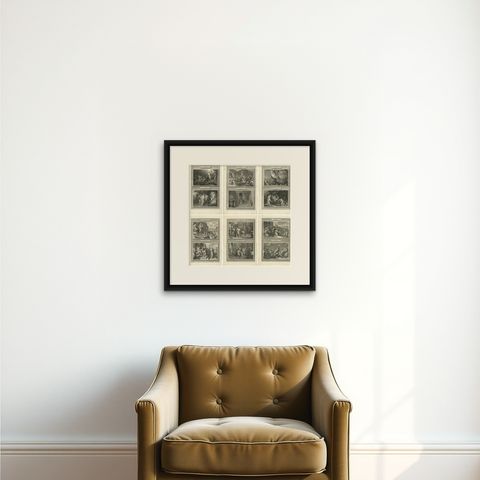 The Passion of Christ, Twelve Dramatic Scenes, Pieter Mortier Engravings, c1700, shown framed on a wall, true to size