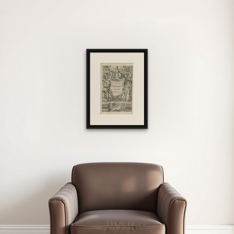 Large Religious Engraving showing the Acts of the Saints, 1730, shown framed on a wall, true to size