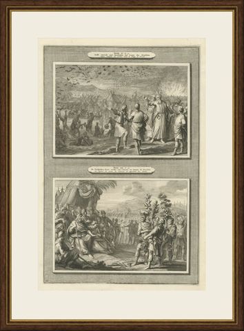 Quails in the Camp and the Spies Return from Canaan, Mortier Bible circa 1700, shown framed