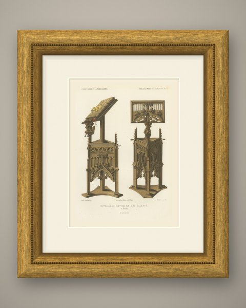 Carved Wooden Lectern at Aosta, Fifteenth Century, Antique Print, 1851, shown framed