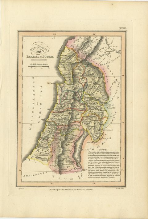 Antique Map of the Kingdoms of Israel and Judah, Hand-Colored, 1823