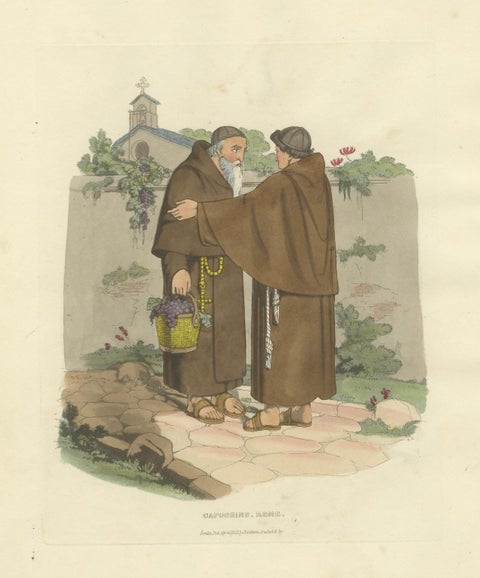 Capuchin Monks & Roman Serenity, 1820 Etching of Devotion, close-up 5