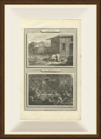 Nebuchadnezzar Among the Beasts and Belshazzar's Feast, Mortier, circa 1700, shown framed