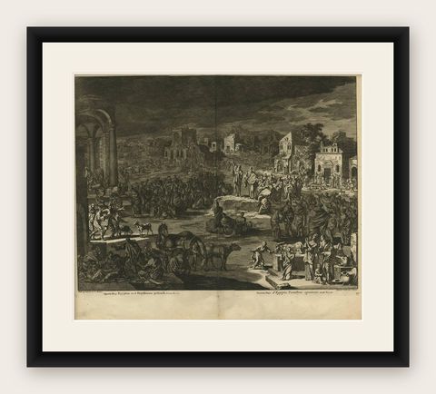 Antique Bible Print Ninth Plague of Egypt by J. Luyken, 1743, shown framed