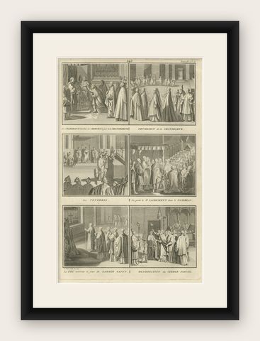 Holy Week and Candlemas Rites, 1734 Engraving of Catholic Liturgical Scenes, shown framed