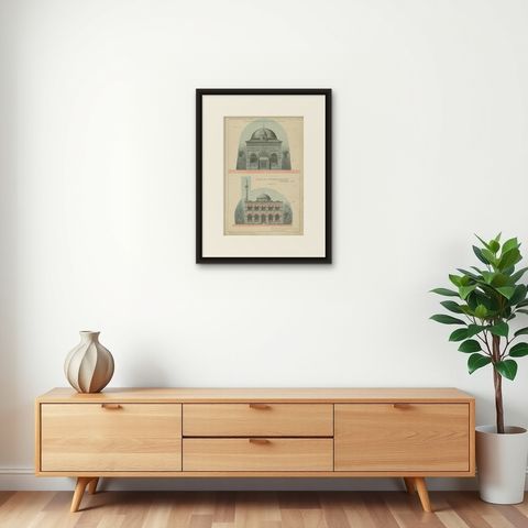 Original 1924 Ottoman Mosque Facades Print, Yeşil Djami Iznik & Muradiye Mosque, shown framed on a wall, true to size
