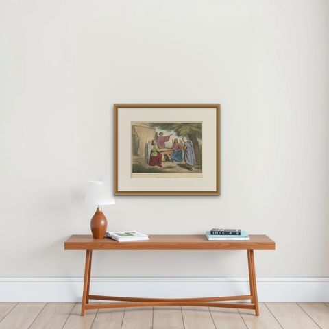 Old Print from the Old Testament the Vision of the Three Angels, ca.1840, shown framed on a wall, true to size