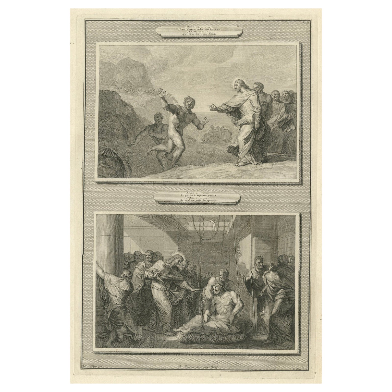 Christ Healing the Possessed and the Paralytic, Antique Biblical Print, c.1700