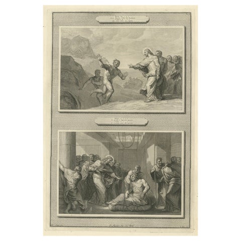 Christ Healing the Possessed and the Paralytic, Antique Biblical Print, c.1700