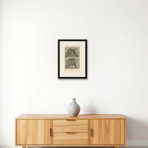 Antique Print of Two Idols of the Virginian Culture by B. Picart, 1721, shown framed on a wall, true to size