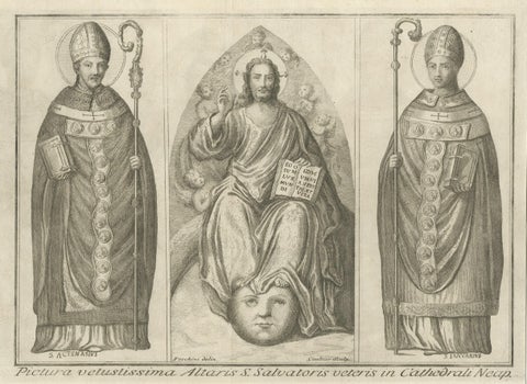Rare Religious Print of God the Father with S. Actenasius & S.Ianuarius, ca.1750, close-up 1