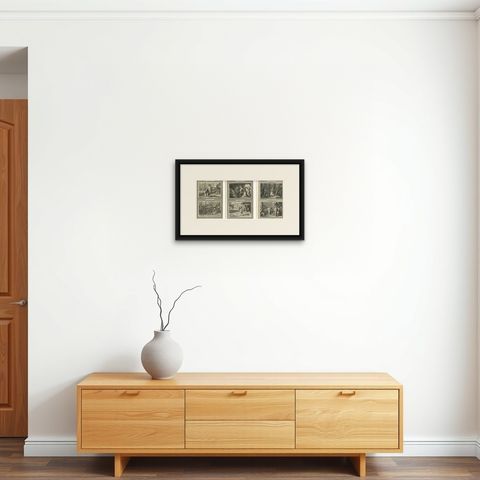 Dutch Baroque Biblical Engravings, 3 Double-Scene Plates by Pieter Mortier, 1700, shown framed on a wall, true to size