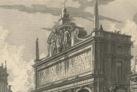1751 Engraving of Roman Fountain and Church, Fountain of Moses and Santa Maria, close-up 3