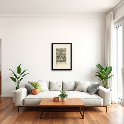 Antique Print of a Gathering Around a Fire in Virginia by B. Picart, 1721, shown framed in a room, true to size