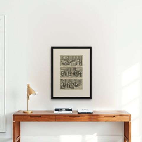 Antique Religion Print of Six Roman Catholic Habits, Rituals, Ceremonies, 1723, shown framed on a wall, true to size