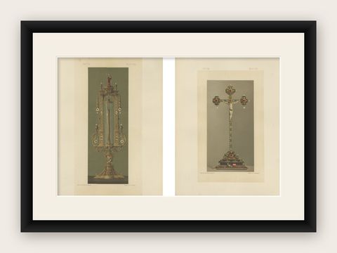 Pair Bavarian Royal Chapel Liturgical Objects Chromolithographs, Munich 1874, shown framed