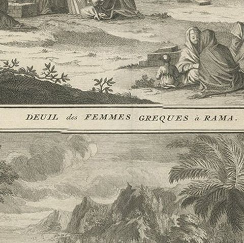 Print of Mourning of Greek Widows in Rama and Baptism in The River Jordan, 1730, close-up 4