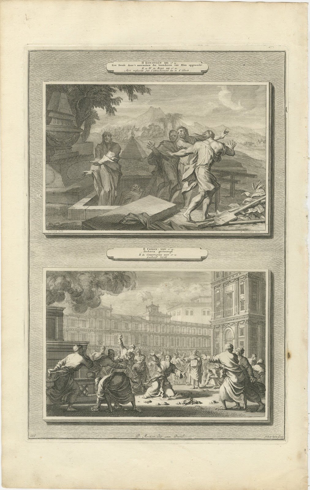 Dead Man Revived by Elisha's Bones and Zechariah Stoned, Mortier, circa 1700