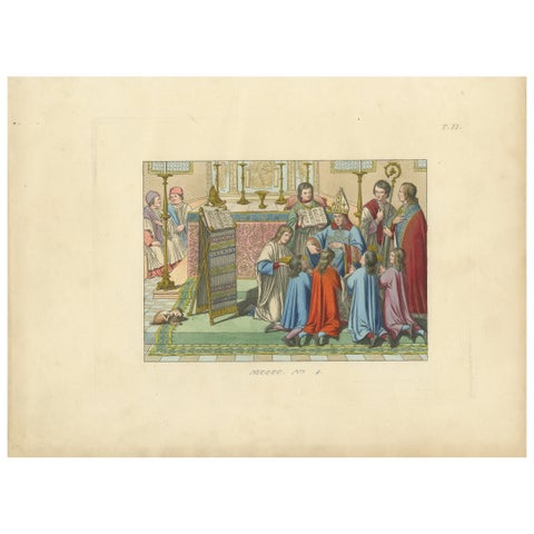 Antique Hand-Colored 1845 Engraving of Medieval Church Ceremony, France