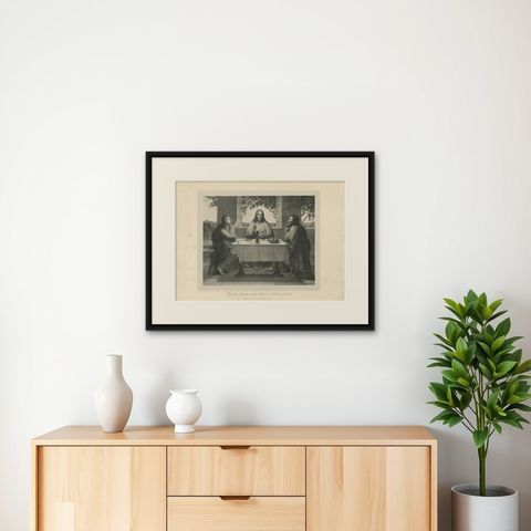 Antique Print of Christ at the Supper at Emmaus by Theer, c.1850, shown framed on a wall, true to size