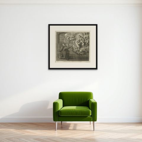 Scarce Plate of Saints Nilus and Bartholomew Kneeling for the Holy Virgin, 1762, shown framed on a wall, true to size