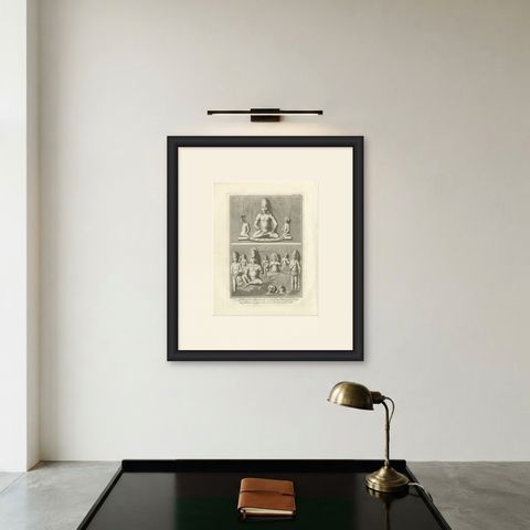 Elephanta Cave Sculptures at Stations 6 and 12, Antique Print, 1780, shown framed on a wall, true to size