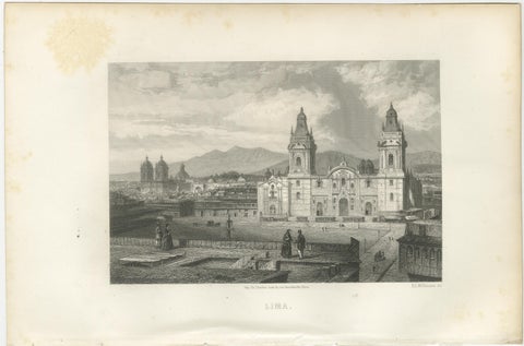Rare Antique Engraving, Lima, Peru with Cathedral and Plaza Mayor, 1867, view 2