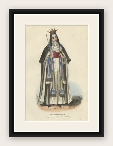 Original Hand-Colored Antique Print of a Carthusian Nun, 1845, shown framed