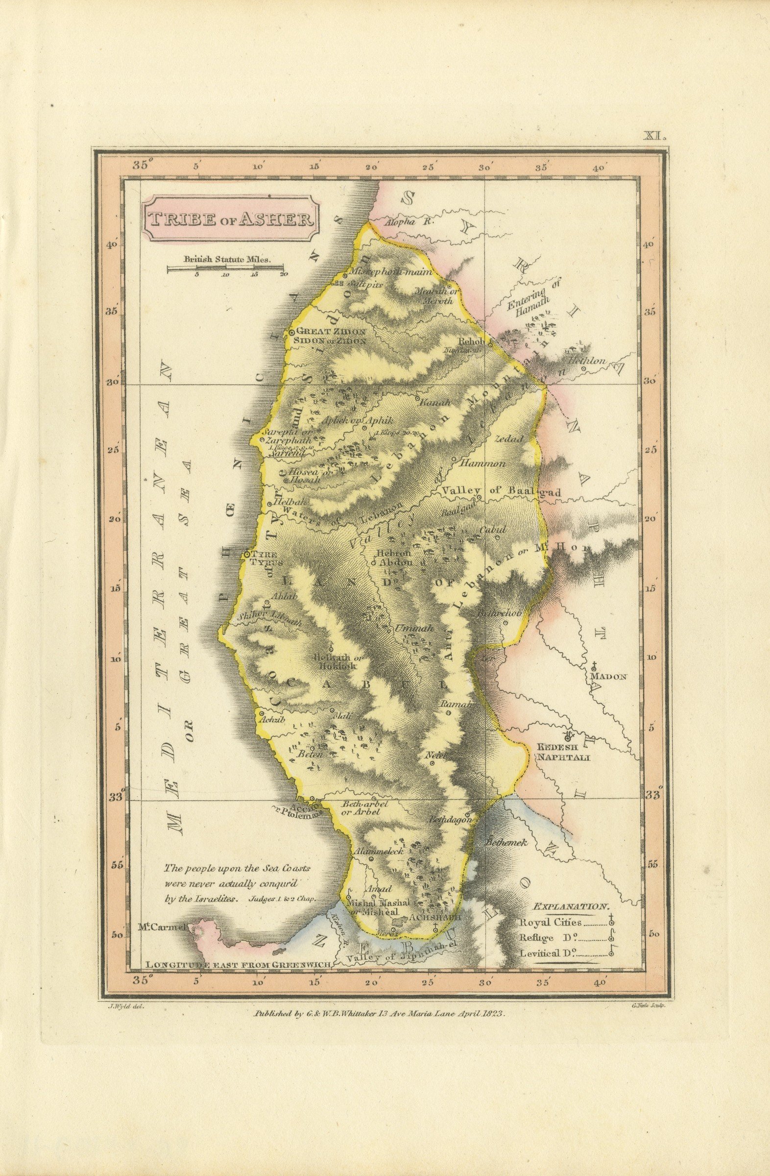 Hand-Colored Antique Map of the Tribe of Asher, Wyld, 1823