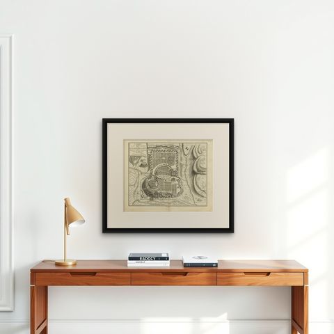 Bird's-Eye Plan of Jerusalem in Israël, a Rare Original Engraving, 1750, shown framed on a wall, true to size