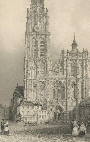 West Front of Antwerp Cathedral, Antique Engraving after Allom, circa 1850, close-up 2