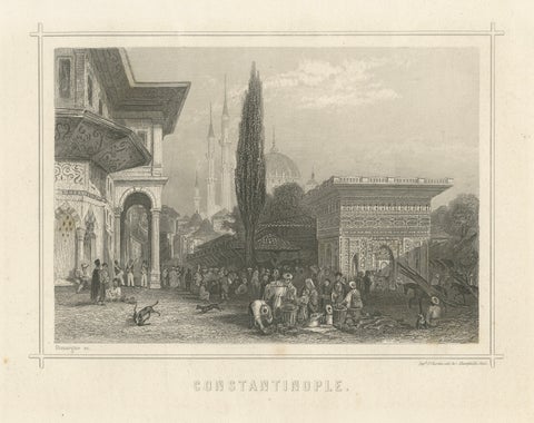 Antique Constantinople Street Scene Print, Ottoman Market Mosque View, c.1850, close-up 1