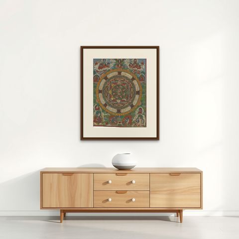 Hand Painted Mandala Thangka, circa 1920, shown framed on a wall, true to size