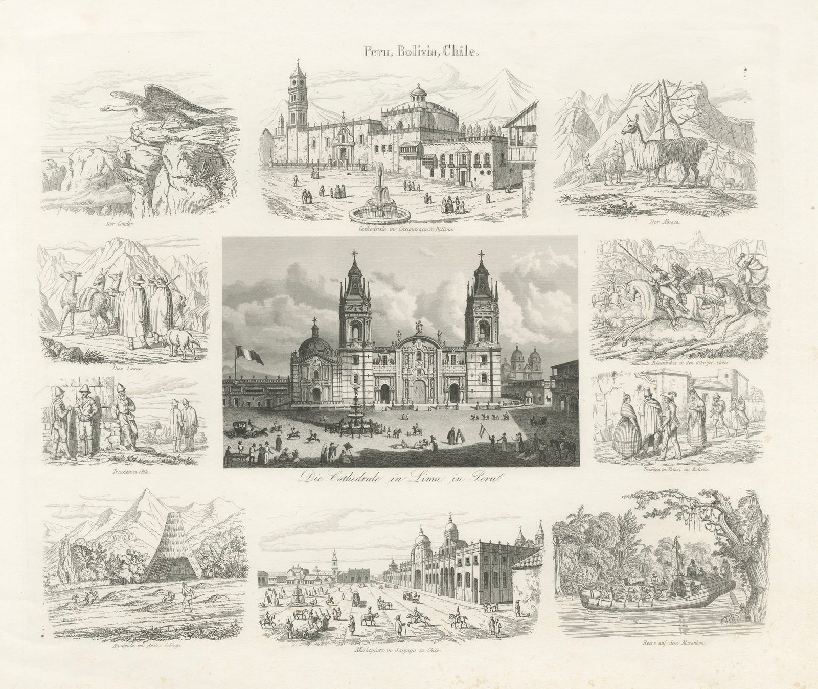 Original Antique Print of Peru, Bolivia & Chile, Lima Cathedral and Views, 1855