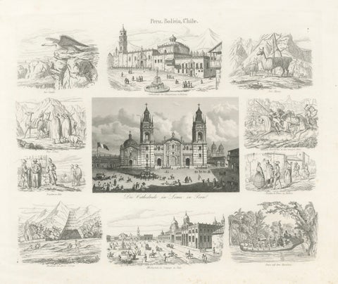 Original Antique Print of Peru, Bolivia & Chile, Lima Cathedral and Views, 1855