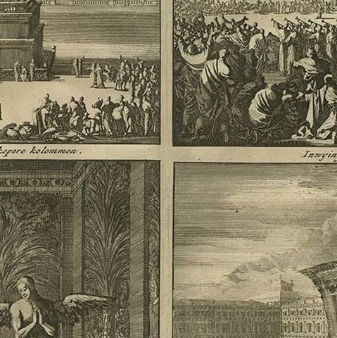 Antique Bible Print Interior of the Temple of Solomon by J. Luyken, 1743, close-up 2