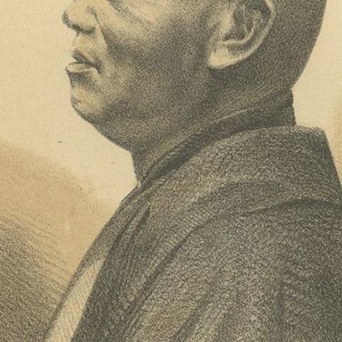 Old Lithograph of a Buddhist priest of Shimoda, Japan, 1856, close-up 1