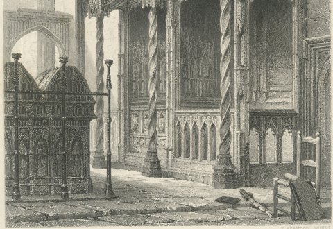 Tomb of the Howards, Arundel, Antique Steel Engraving after S. Read, circa 1876, close-up 2