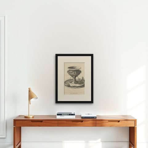 Antique Engraving of the Brass Laver in Solomon's Temple, Jerusalem, ca.1725, shown framed on a wall, true to size
