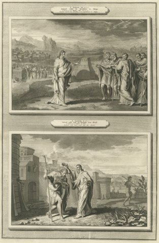 Samuel at Mizpah and Samuel Anoints Saul King, Mortier Bible circa 1700