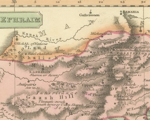 Antique Scripture Map of the Tribe of Ephraim, Hand-Colored, 1823, close-up 3