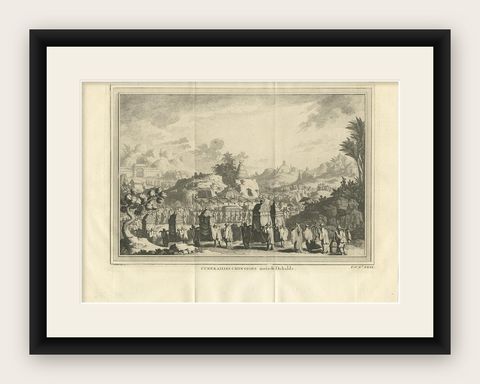 Antique Print of a Chinese Funeral by Chedel, shown framed