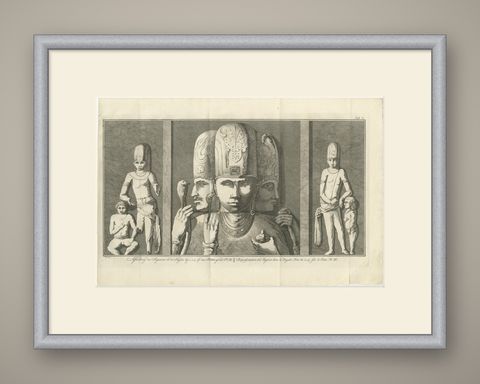 Sculptures of the Elephanta Caves at Stations 1 to 3, Antique Print, 1780, shown framed